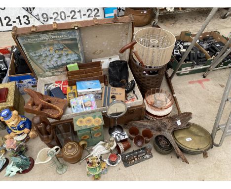 A LARGE ASSORTMENT OF VARIOUS ITEMS TO INCLUDE A BRASS BED WARMING PAN, A TRAVEL TRUNK AND TREEN CARVINGS ETC 