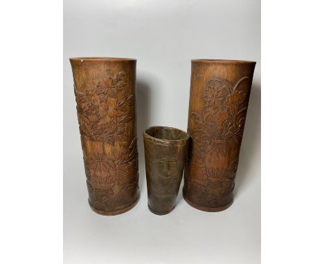 A PAIR OF CHINESE ROOTWOOD CYLINDRICAL SLEEVE VASES WITH CARVED VASE DESIGN, 28CM HEIGHT, TOGETHER WITH FURTHER CARVED TREEN 