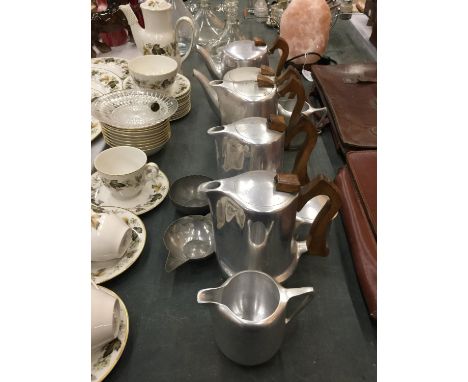 EIGHT ITEMS OF PICQUET WARE TO INCLUDE THREE COFFEE POTS, TWO TEAPOTS, TWO MILK JUGS AND A SUGAR BASIN AND TWO FURTHER METALW