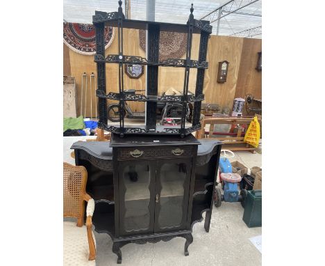 A VICTORIAN EBONISED CHIFFONIER BASE WITH SIMILAR BUT UNRELATED FOUR TIER WALL SHELF WITH PIERCED GALLERY 