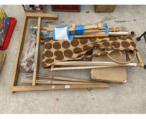 A VINTAGE WOODEN TAPESTRY FLOOR FRAME AND A PRESS 