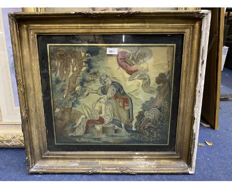 A VICTORIAN GILT FRAMED TAPESTRY ON SILK OF A RELIGIOUS SCENE 