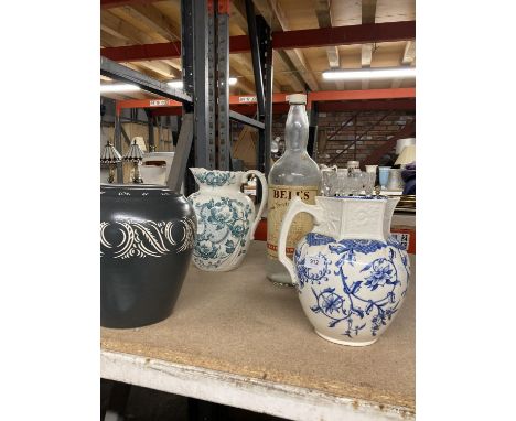 A LARGE BELLS OLD SCOTCH WHISKEY BOTTLE TOGETHER WITH TWO LARGE BASIN JUGS AND A LARGE PEARSONS OF CHESTERFIELD STONEWARE VAS