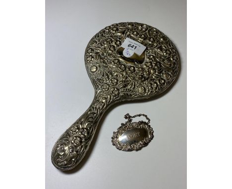 A BIRMINGHAM HALLMARKED SILVER 'PORT' DECANTER LABEL AND FURTHER EPNS BACKED HAND MIRROR (2) 