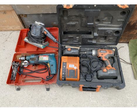 A BOSCH ELECTRIC DRILL, AN ELECTRIC SANDER AND AN AEG BATTERY DRILL 