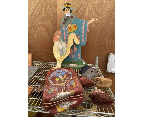 AN ASSORTMENT OF VINTAGE ITEMS TO INCLUDE A ORIENTAL CUT OF A FEMALE, FIRE BRUSHES AND A MIDDLE EASTERN SATCHEL ETC 