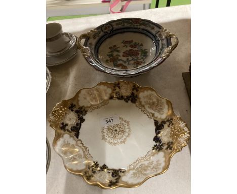 A VINTAGE CROWN WESTMINSTER FOOTED BOWL WITH GILT AND FLORAL DECORATION PLUS A BLUE AND GILT TAZA DISH 