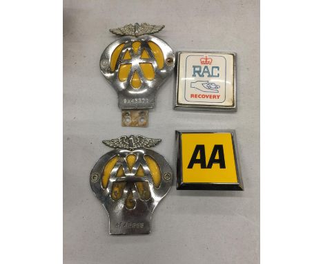 FOUR VINTAGE CAR BADGES TO INCLUDE THREE AA AND AN RAC 