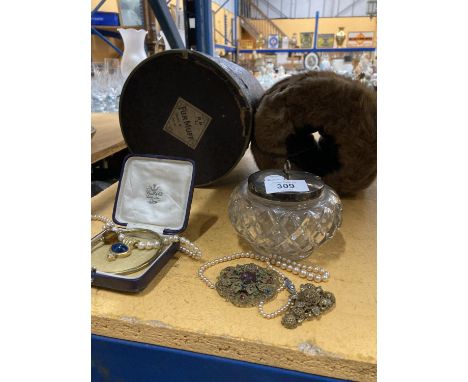 A VINTAGE FUR MUFF IN ORIGINAL BOX, CUT GLASS JAR WITH LID AND FOUR PIECES OF COSTUME JEWELLERY 