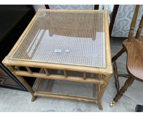 A MODERN BAMBOO AND SPLIT CANE LAMP TABLE WITH INSET GLASS TOP, 24" SQUARE 
