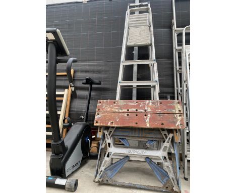 A SIX RUNG ALUMINIUM STEP LADDER, A FIVE RUNG ALUMINIUM STEP LADDER AND A FOLDING WORK MATE 