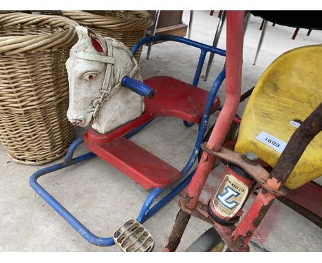 AN ASSORTMENT OF VINTAGE CHILDRENS TOYS TO INCLUDE A ROCKING HORSE AND A TRICYCLE ETC 