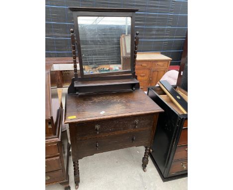 AN EARLY 20TH CENTURY OAK DRESSING CHEST ON BOBBIN TURNED LEGS AND UPRIGHTS, 30" WIDE 