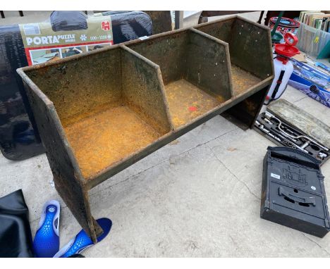 A VINTAGE METAL THREE SECTION WORKSHOP STORAGE SHELF 