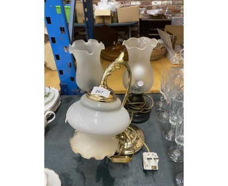 A PAIR OF VINTAGE STYLE LAMPS WITH ETCHED GLASS SHADES PLUS A VINTAGE STYLE SWAN NECK LAMP WITH FLUTED GLASS SHADE 