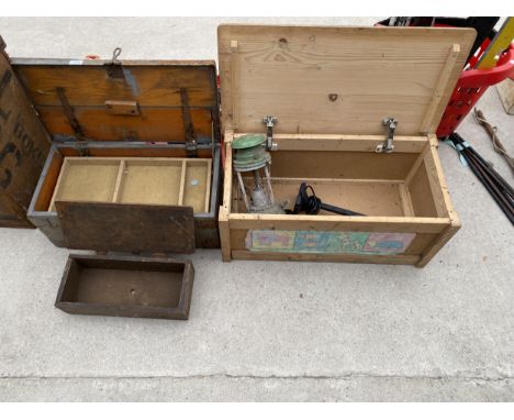 THREE WOODEN TOOL CHESTS AND A VINTAGE TILLEY LAMP 