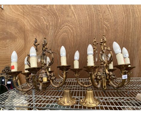A PAIR OF BRASS SIX BRANCH CHANDELIER STYLE LIGHT FITTINGS 