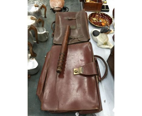 TWO VINTAGE LEATHER SATCHELS AND A TRUNCHEON 