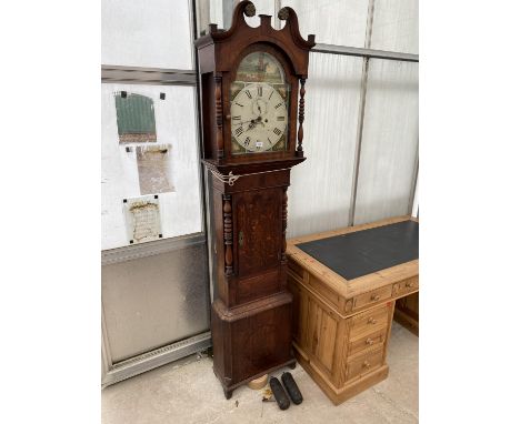 A 19TH CENTURY OAK AND CROSSBANDED EIGHT-DAY LONGCASE CLOCK WITH PAINTED ENAMEL DIAL, DEPICTING A HUNTING SCENE 