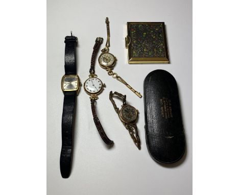 A MIXED LOT OF ITEMS TO INCLUDE THREE LADIES 9CT GOLD CASED WATCHES, FURTHER 'MONTINE' WATCH, VINTAGE GLASSES CASE AND LADIES