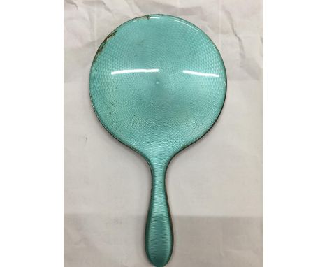 A PALE BLUE ENAMEL AND HALLMARKED SILVER HAND MIRROR 