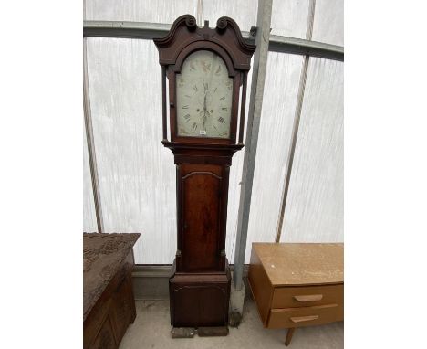 A GEORGE III OAK AND CROSSBANDED SAMUEL NEWNES WHITCHURCH CASED GRANDFATHER CLOCK WITH HANDPAINTED ENAMEL FACE, PENDULUM AND 