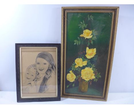 JUNE WRENCH (BRITISH, 20TH CENTURY) VASE OF FLOWERS, OIL ON BOARD, SIGNED, 59X29CM, FRAMED, AND A FRAMED PENCIL SKETCH OF A  