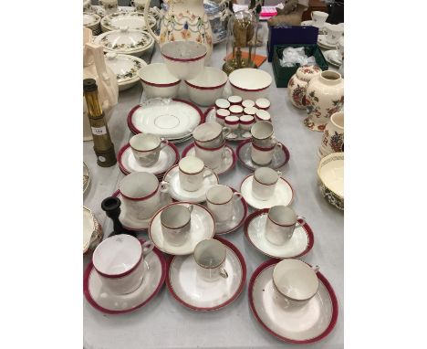 A LARGE QUANTITY OF RED AND WHITE CHINA CUPS, SAUCERS, PLATES, EGG CUPS, BOWLS, ETC TO INCLUDE PLANT TUSCAN CHINA 