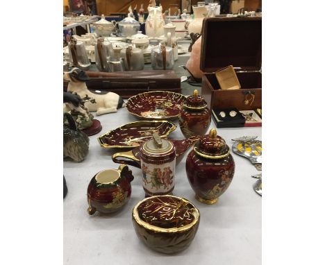 EIGHT PIECES OF CERAMICS TO INCLUDE SIX CARLTON WARE ROUGE ROYALE, A COLLBRI LIGHTER AND A CROWN DERBY 