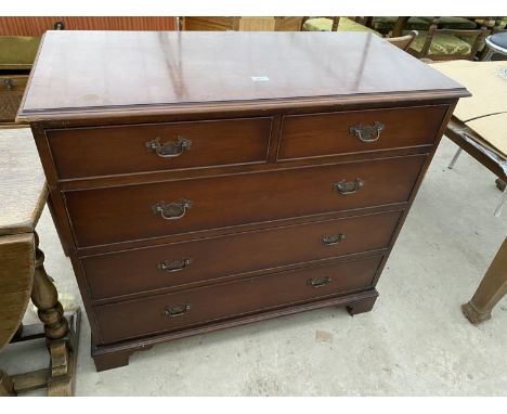 A GEORGE III STYLE MAHOGANY AND CROSSBANDED CHEST OF TWO SHORT AND THREE LONG DRAWERS ON BRACKET FEET, 40" WIDE 