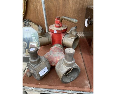 TWO LARGE VINTAGE BRASS FIRE HOSE COUPLINGS ONE BEARING THE NAME 'JOHN MORRIS' AND THE OTHER BEARING THE NAME 'MERRYWEATHER' 