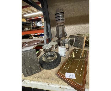 A SMALL METAL CHIMNEY POT TOGETHER WITH A MAHOGANY AND BRASS CRIBBAGE BOARD, TWO VINTAGE PRINTING BLOCKS, AND SILVER PLATE ET