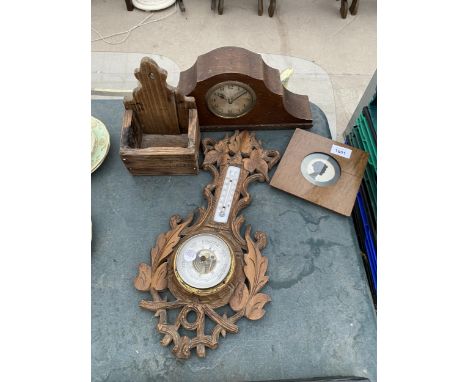 AN ASSORTMENT OF ITEMS TO INCLUDE A BAROMETER, A CLOCK AND A CANDLE BOX ETC 