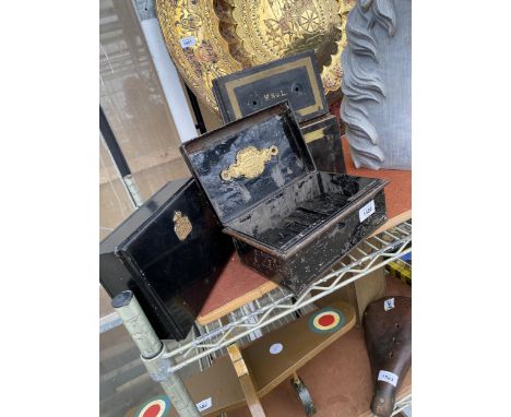 FOUR VARIOUS VINTAGE DEED TINS ONE WITH INTERNAL THREE SECTION COMPARTMENT DRAWER BEARING THE BADGE 'CHUBB &amp; SON LONDON' 