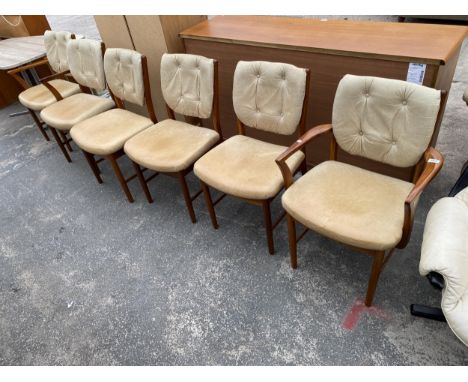 A SET OF SIX McINTOSH RETRO TEAK DINING CHAIRS WITH BUTTON-BACKS, TWO BEING CARVERS 