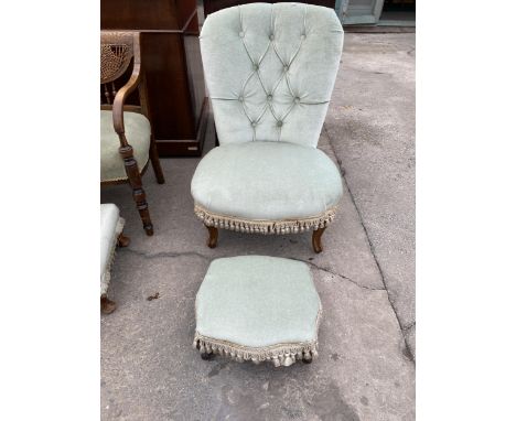A VICTORIAN STYLE BUTTON-BACK BEDROOM CHAIR AND SMALL STOOL WITH THE SAME UPHOLSTERY 