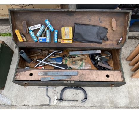 A VINTAGE WOODEN JOINERS CHEST WITH AN ASSORTMENT OF TOOLS TO INCLUDE SPANNERS, SPARK PLUGS AND SOCKETS ETC 