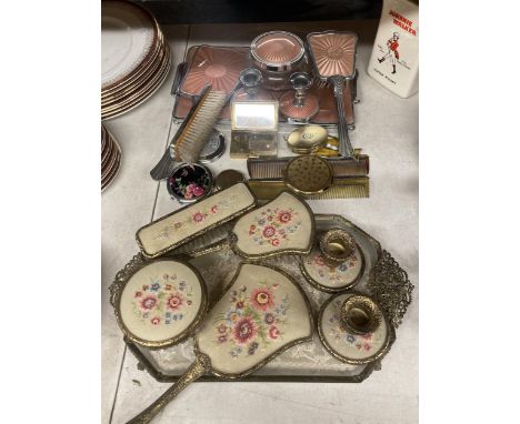 TWO VINTAGE DRESSING TABLE SETS  - PINK ENAMEL STYLE AND EMBROIDERED WITH FURTHER LOOSE ITEMS 