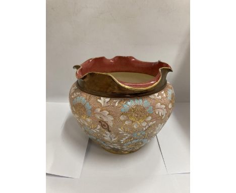 A DOULTON SLATERS PLANTER/VASE WITH FLUTED RIM AND CLOISONNE STYLE FLORAL PATTERN, HEIGHT 19CM, DIAMETER 22CM 