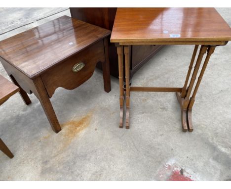 A 19TH CENTURY MAHOGANY COMMODE, CONVERTED TO SMALL TABLE WITH DRAWER AND A NEST OF TWO TABLES 