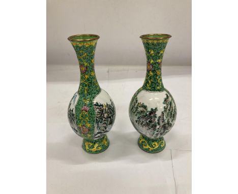 A PAIR OF ORIENTAL FAMILLE VERTE ENAMEL DESIGN VASES 