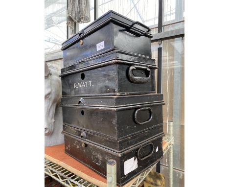 FOUR VINTAGE METAL DEED TINS ONE BEARING THE NAME 'R.WATT' 