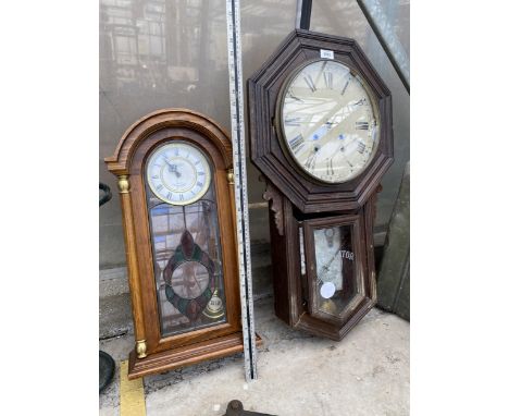 A VINTAGE WOODEN CASED WALL CLOCK AND A FURTHER PRESIDENT WOODEN CASED WALL CLOCK 