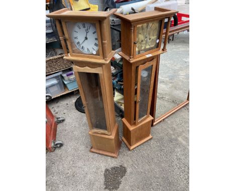 A MODERN OAK MINIATURE LONGCASE CLOCK WITH BRASS FACE AND TWO WEIGHTS, 46" HIGH AND A SIMILAR PINE FRAMED CLOCK, 47" HIGH 