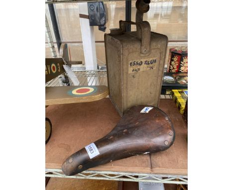 A VINTAGE ESSO BLUE PARAFIN CAN AND A VINTAGE LEATHER 'BROOKS' SADDLE 