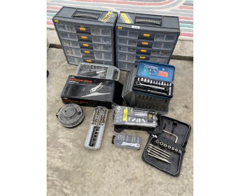 AN ASSORTMENT OF TOOLS AND HARDWARE TO INCLUDE A PLANE, SOCKET SETS AND SCREWS ETC 