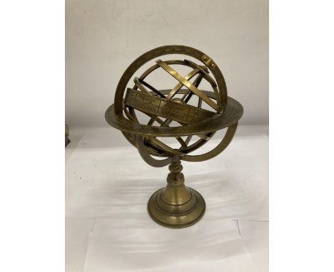 A BRASS DESK REVOLVING GLOBE STYLE COMPASS WITH BIRTH SIGNS 