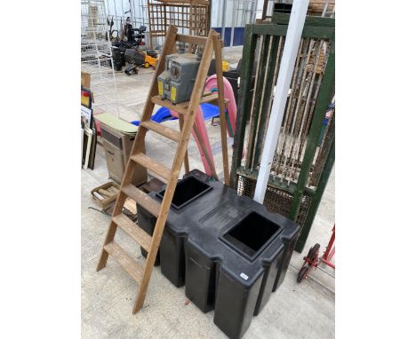 A VINTAGE WOODEN STEP LADDER, A BLACK PLASTIC WATER TANK AND A PARKINSON COWEN MEASUREMENT ETC 