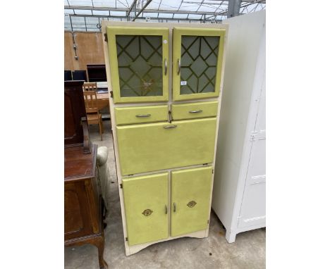 A 1950'S PAINTED KITCHEN CABINET WITH DROP-DOWN FRONT, WITH ENAMEL WORK SURFACE 