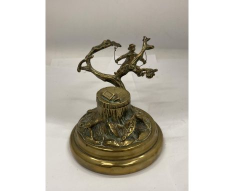 A VINTAGE NOVELTY BRASS INKWELL WITH A SINGING BOY IN A TREE 